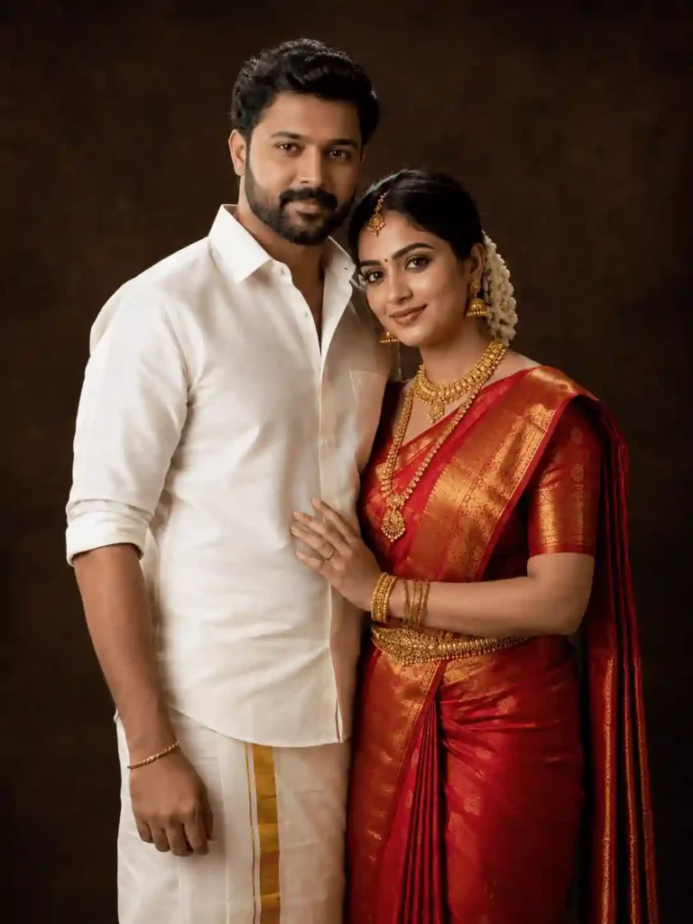 wedding inspired south indian couple.webp Wedding-inspired South Indian couple portrait with red saree and mundu