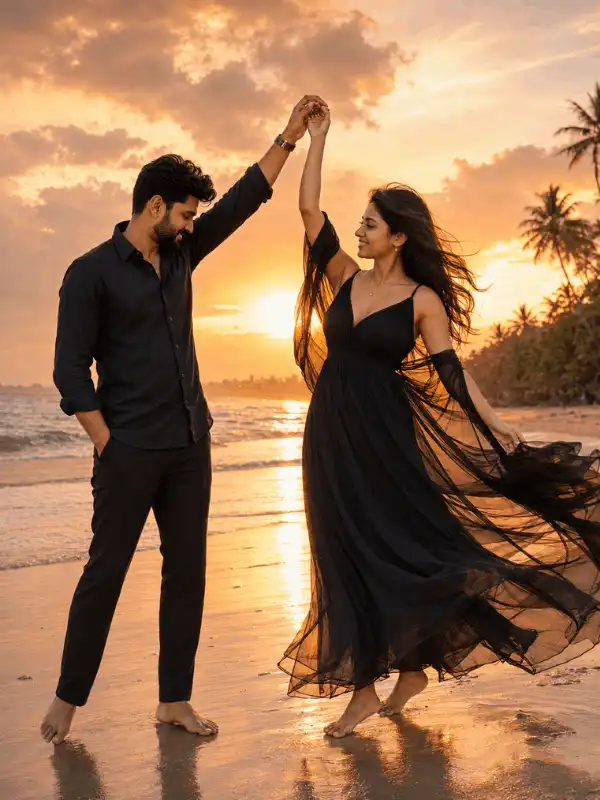 Free ChatGPT couple photo prompt for a cinematic sunset beach twirl