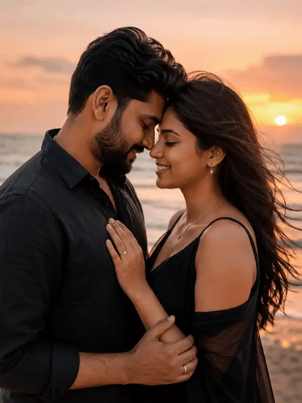 Free ChatGPT couple editing prompt for a forehead-touch sunset portrait