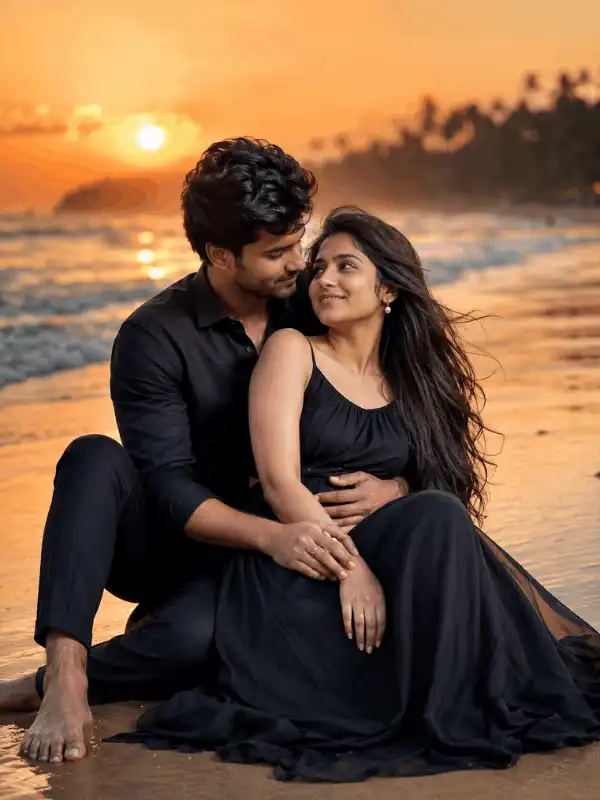 ChatGPT couple photo editing prompt for a seated romantic ocean embrace