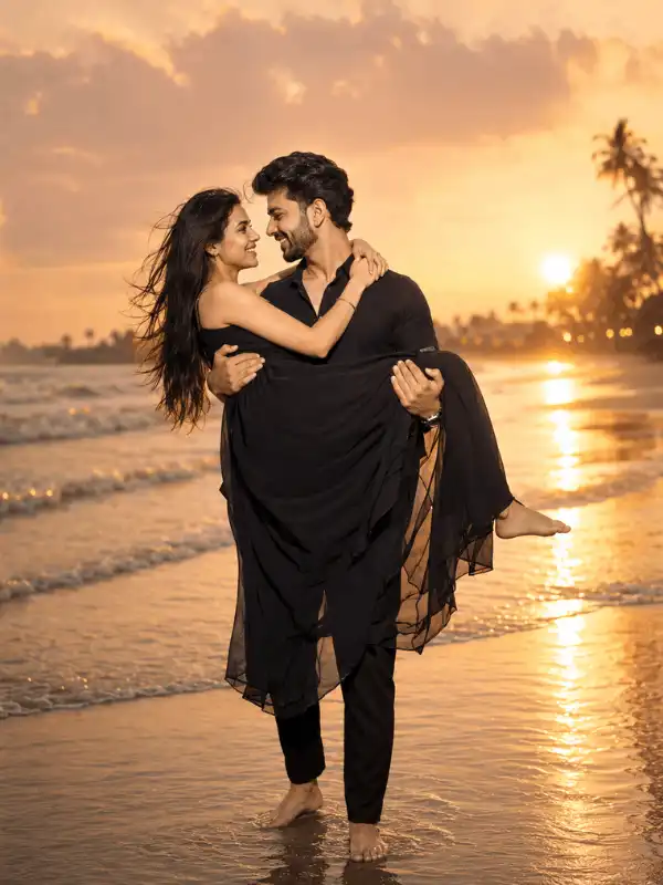 ChatGPT couple photo editing prompt for a romantic shoreline carry pose