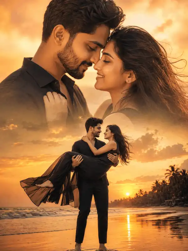Free ChatGPT couple photo editing prompt for a romantic sunset double-exposure portrait
