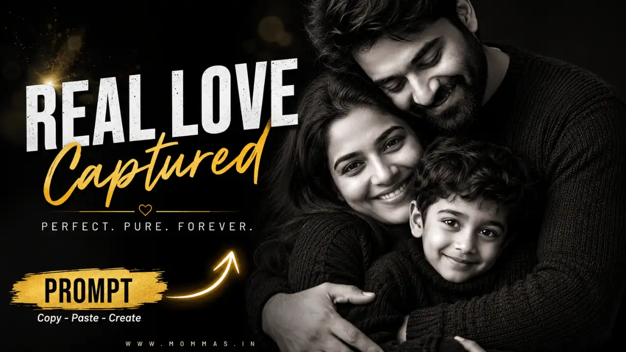 chatgpt family photo prompt black white portrait.webp ChatGPT family photo prompt showing an Indian family of three hugging in a black-and-white studio portrait