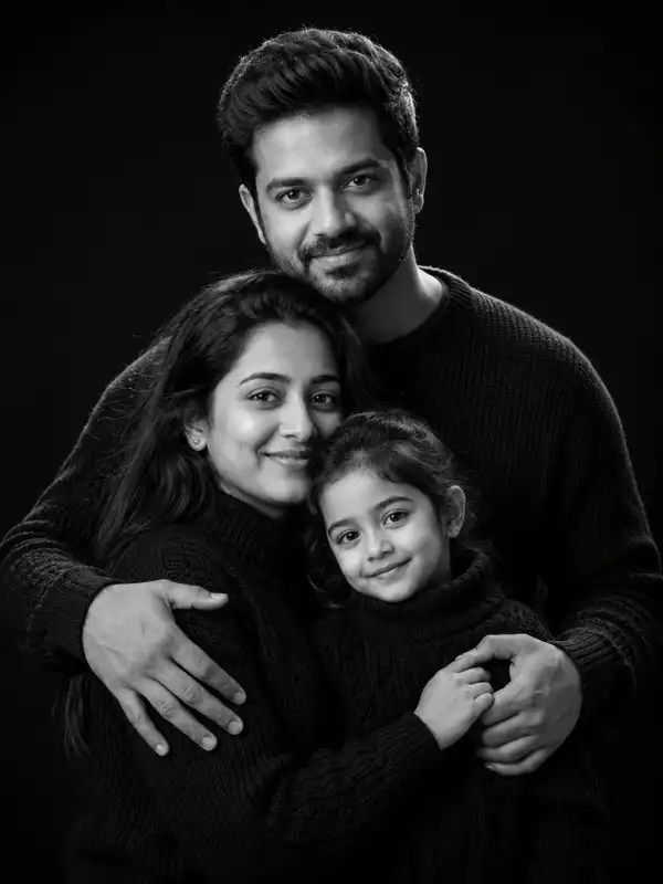 chatgpt family photo prompt protective embrace.webp ChatGPT family photo prompt featuring a father protectively embracing the mother and child in a monochrome studio portrait