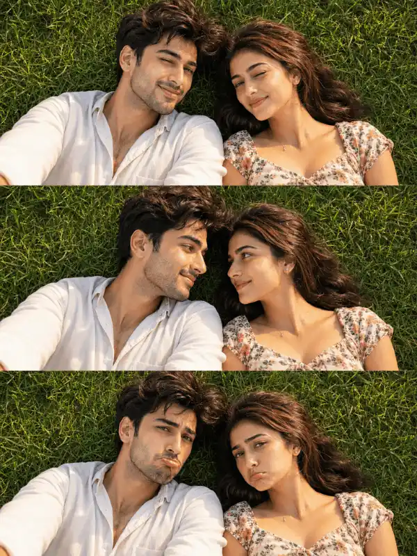 Golden hour grass selfie collage made with ChatGPT photo editing prompts for couple photos