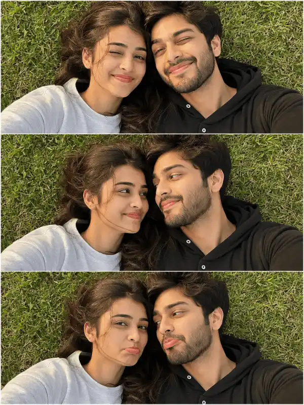 Playful wink couple selfie on grass with ChatGPT photo editing prompts for couple