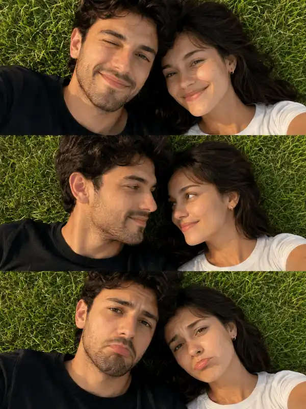 Candid couple grass selfie with ChatGPT photo editing prompts for couple portraits