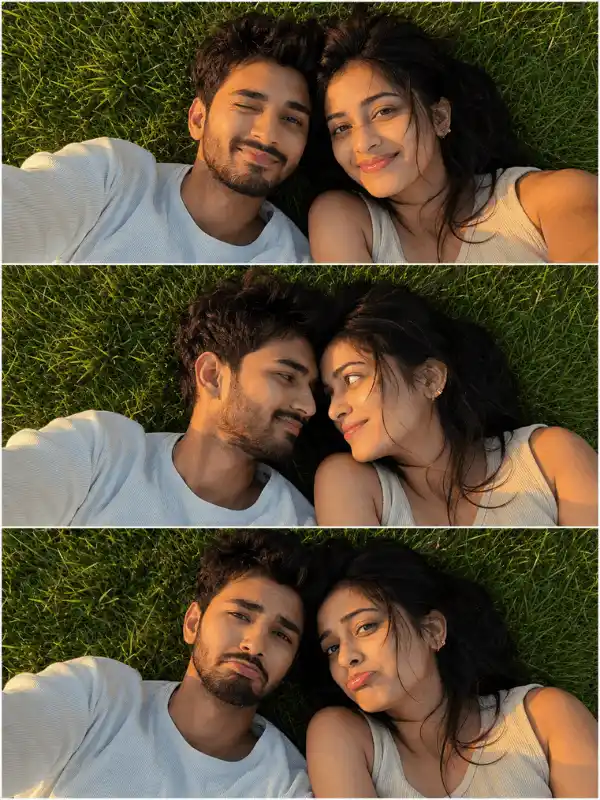Romantic eye contact grass selfie using ChatGPT photo editing prompts for couple photos