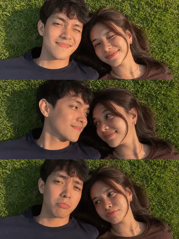 Wind-swept couple selfie on grass with ChatGPT photo editing prompts for couple