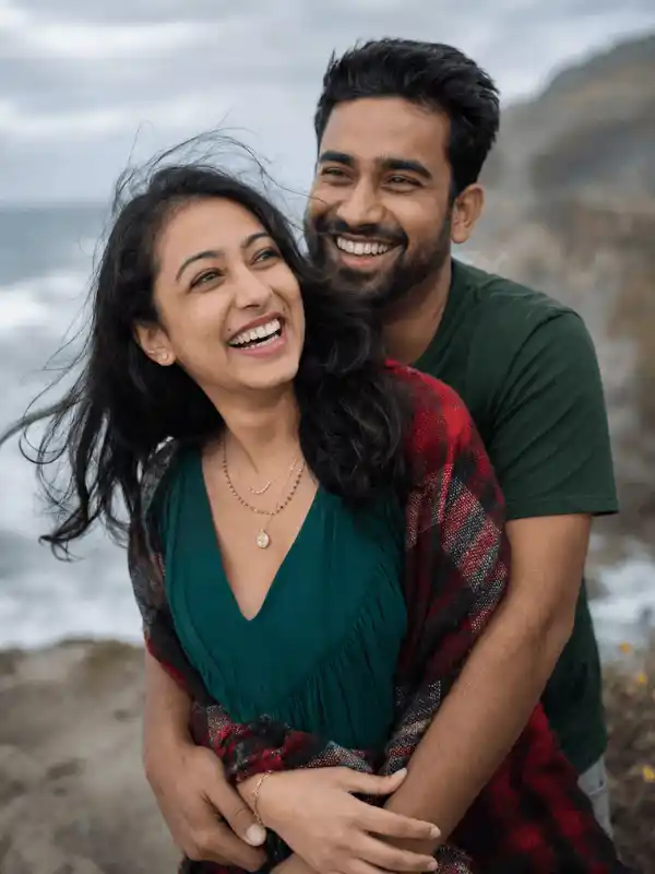 Close-up couple hug prompt for Gemini AI with natural laughter by the ocean.