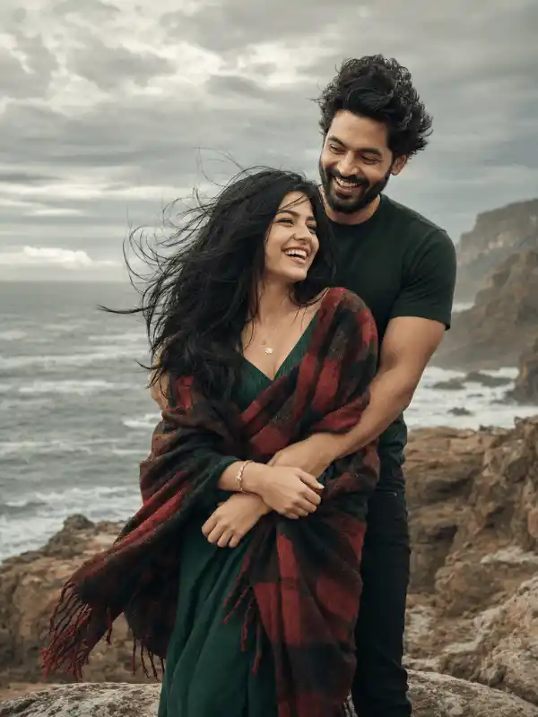 Couple hug prompt for Gemini AI showing a laughing pair on dramatic ocean cliffs.