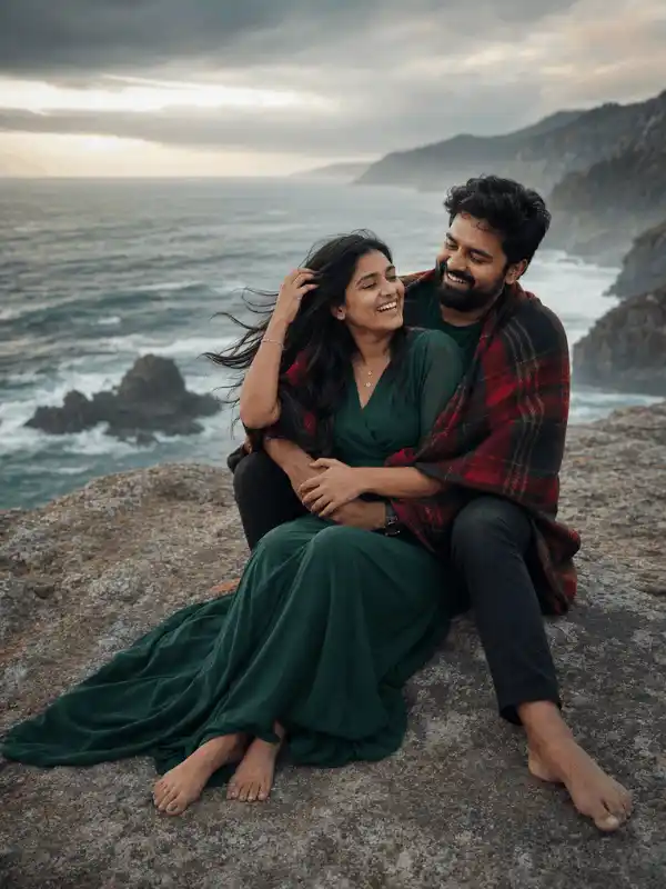 Seated couple hug prompt for Gemini AI on rocks overlooking a moody ocean.