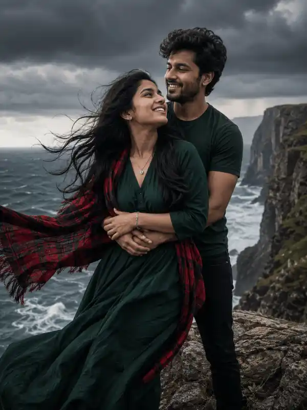 Stormy couple hug prompt for Gemini AI with a plaid shawl and ocean backdrop.