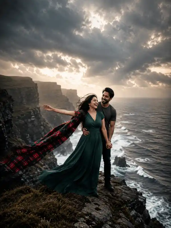 Wide-angle couple hug prompt for Gemini AI with cliffs, clouds, and crashing waves.