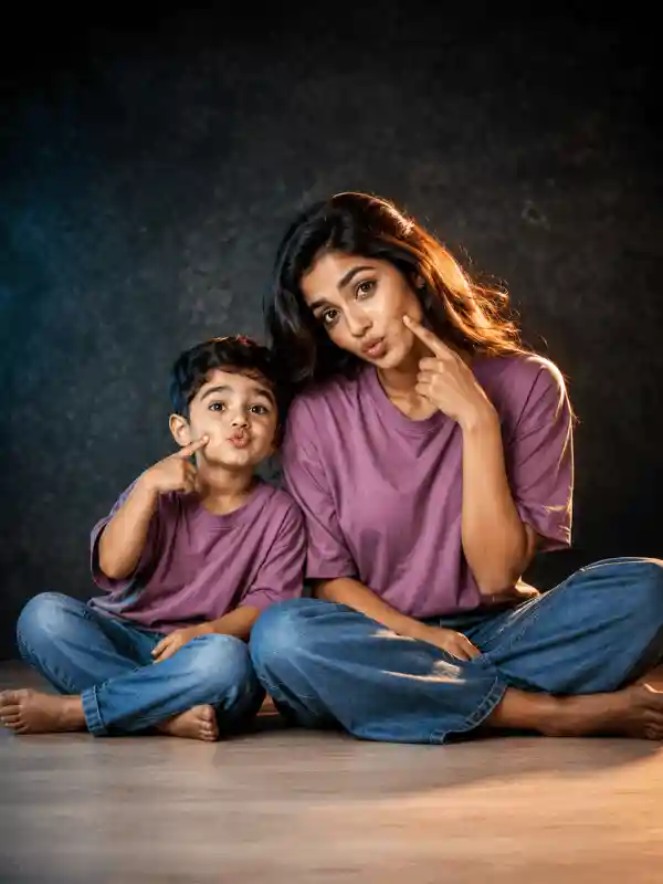 gemini ai mother son prompt copy paste studio.webp Gemini AI mother and son prompt copy paste for a playful matching outfit studio portrait