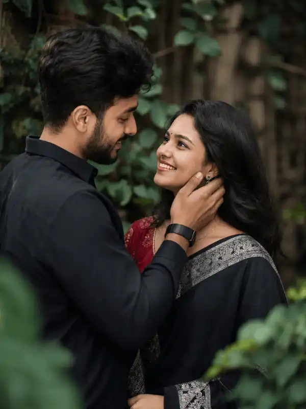 South Asian couple with loving eye contact for gemini couple romantic prompt instagram