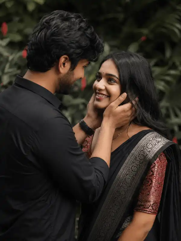 Romantic South Asian couple portrait with face-hold pose for gemini couple romantic prompt instagram