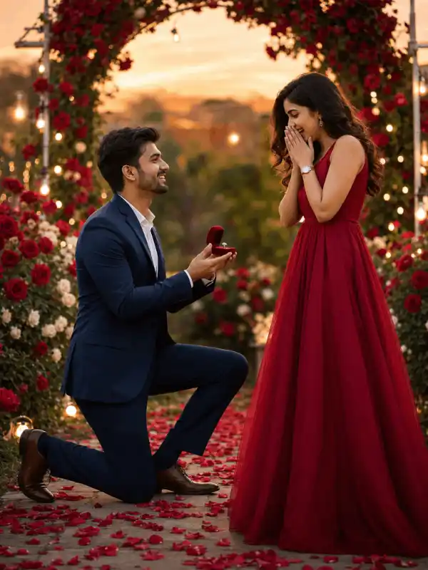 Happy Propose Day AI photo editing prompt focused on an emotional surprise proposal.