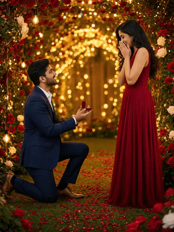 Happy Propose Day AI photo editing fairy-light proposal tunnel with roses and golden bokeh.