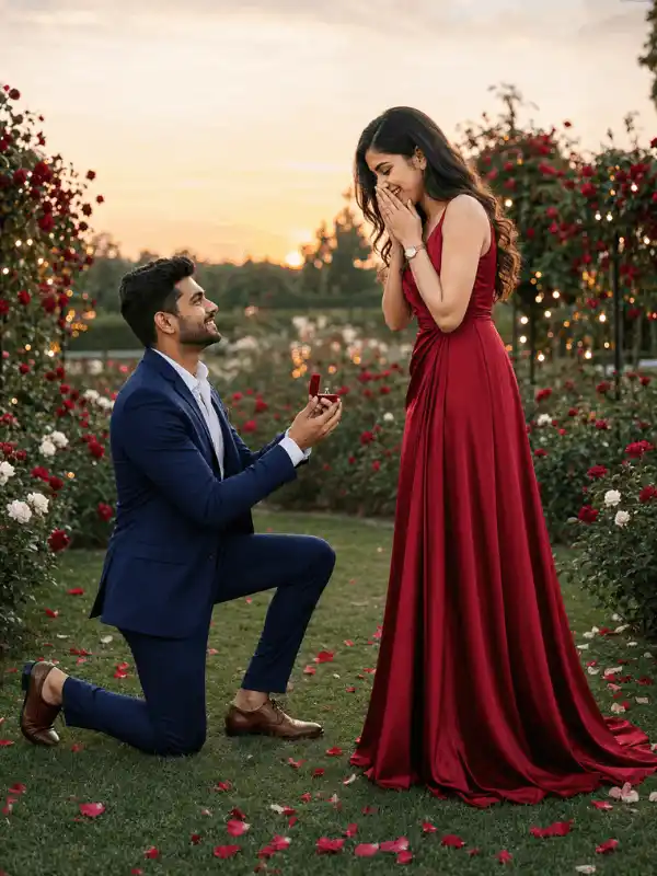 Happy Propose Day AI photo editing full-body proposal scene with roses and sunset lights.