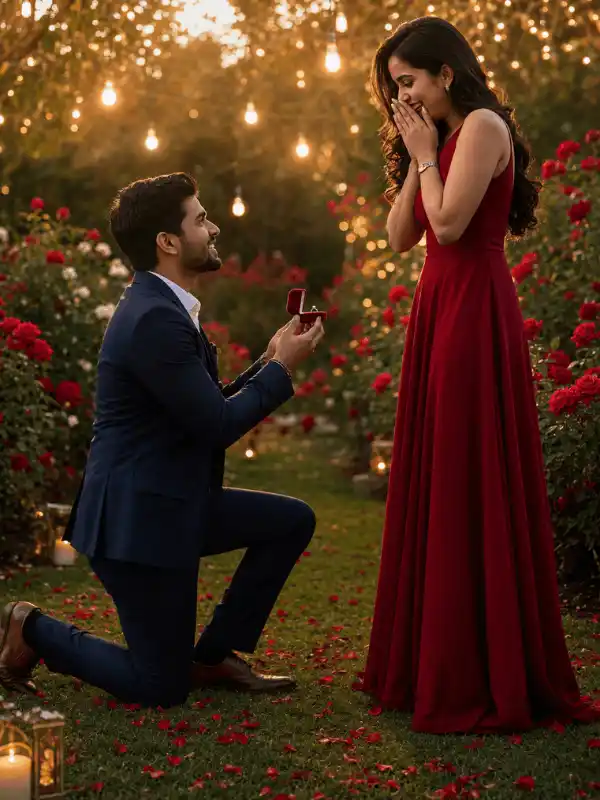 Happy Propose Day AI photo editing prompt showing a rose garden proposal at golden hour.