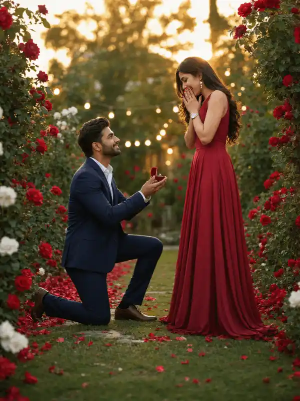 Happy Propose Day AI photo editing luxury engagement scene in a rose garden.