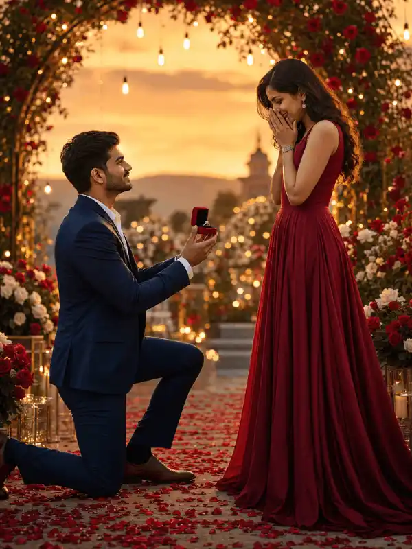 Happy Propose Day AI photo editing cinematic proposal with ring box and rose garden lights.