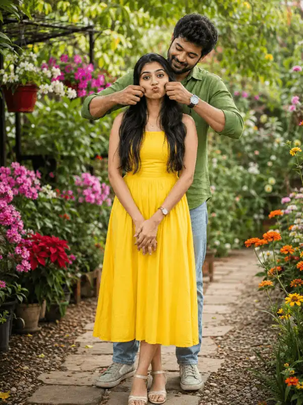 indian couple prompt for gemini ai free cute romantic garden.webp Indian couple prompt for Gemini AI free showing a cute romantic pose in a floral garden