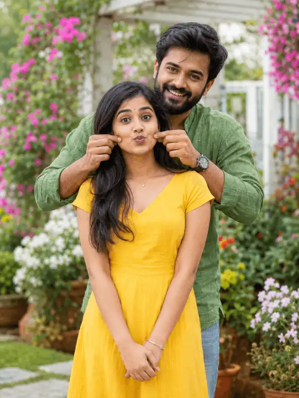 indian couple prompt for gemini ai free playful cheek pinch.webp Indian couple prompt for Gemini AI free with a playful cheek pinch pose in a flower garden