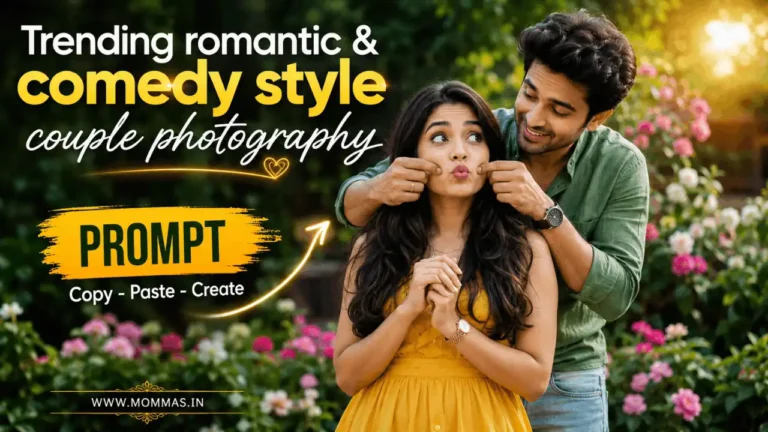 Indian couple prompt for Gemini AI free featuring a playful cheek-pinching pose in a colorful garden