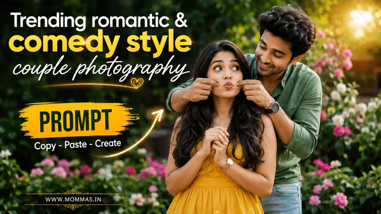 indian couple prompt for gemini ai free.webp Indian couple prompt for Gemini AI free featuring a playful cheek-pinching pose in a colorful garden