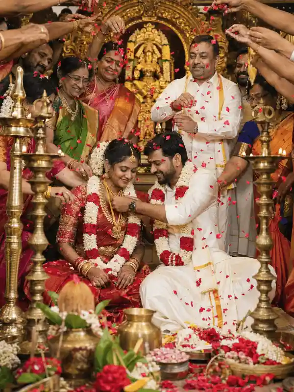 South Indian family blessing wedding scene with indian couple wedding prompt for gemini ai free