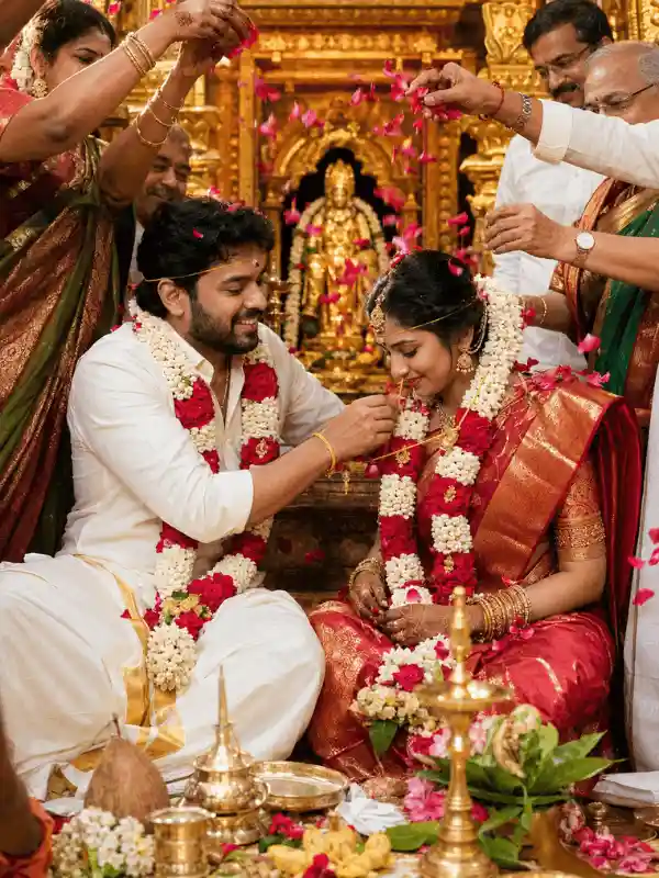 Groom tying thaali in Tamil wedding using indian couple wedding prompt for gemini ai free