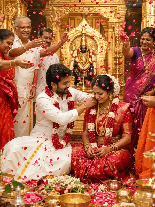 Tamil wedding rose petal blessing scene with indian couple wedding prompt for gemini ai free