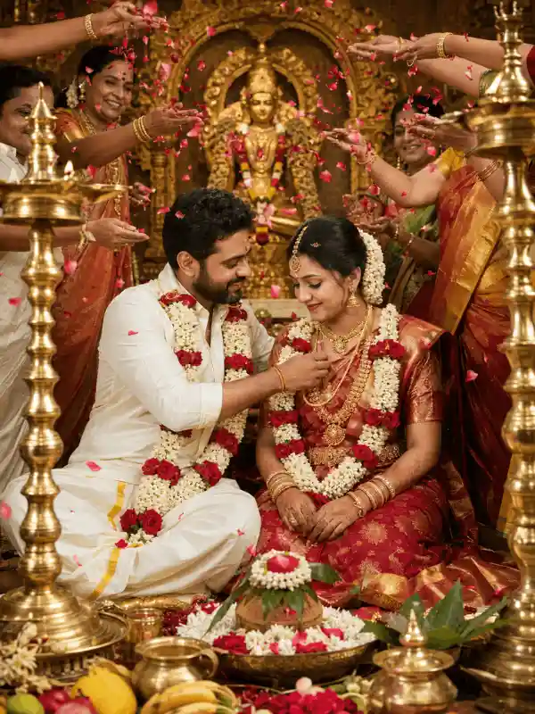 Symmetrical South Indian temple wedding portrait using indian couple wedding prompt for gemini ai free