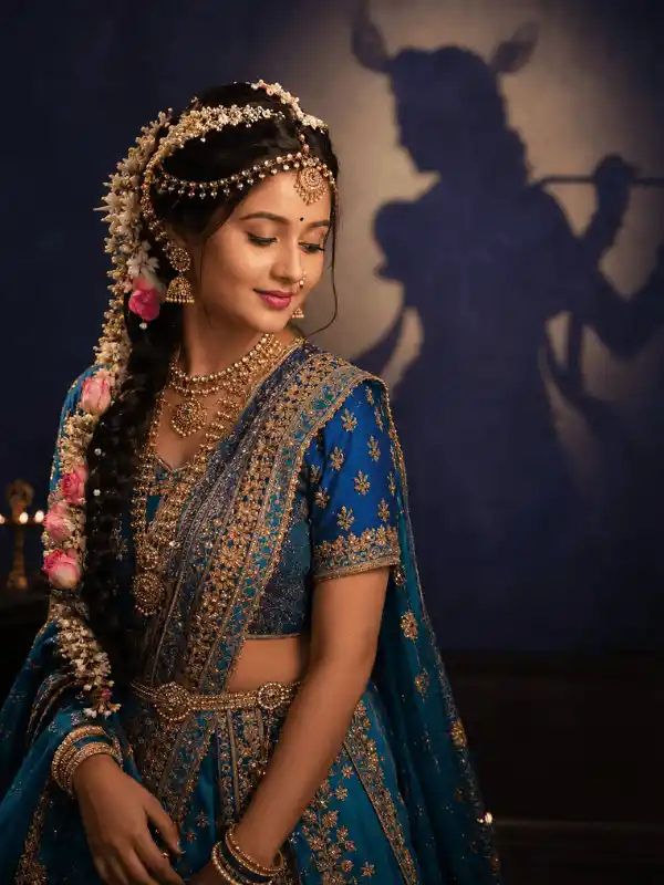 radha rani prompt for gemini ai looking down portrait.webp Indian girl in Radha Rani look looking down in blue teal lehenga saree