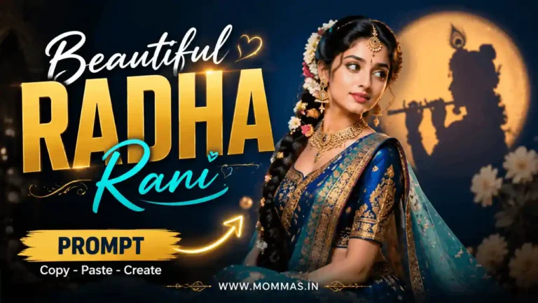 Radha Rani style Indian girl portrait in blue and teal lehenga saree with Krishna silhouette shadow