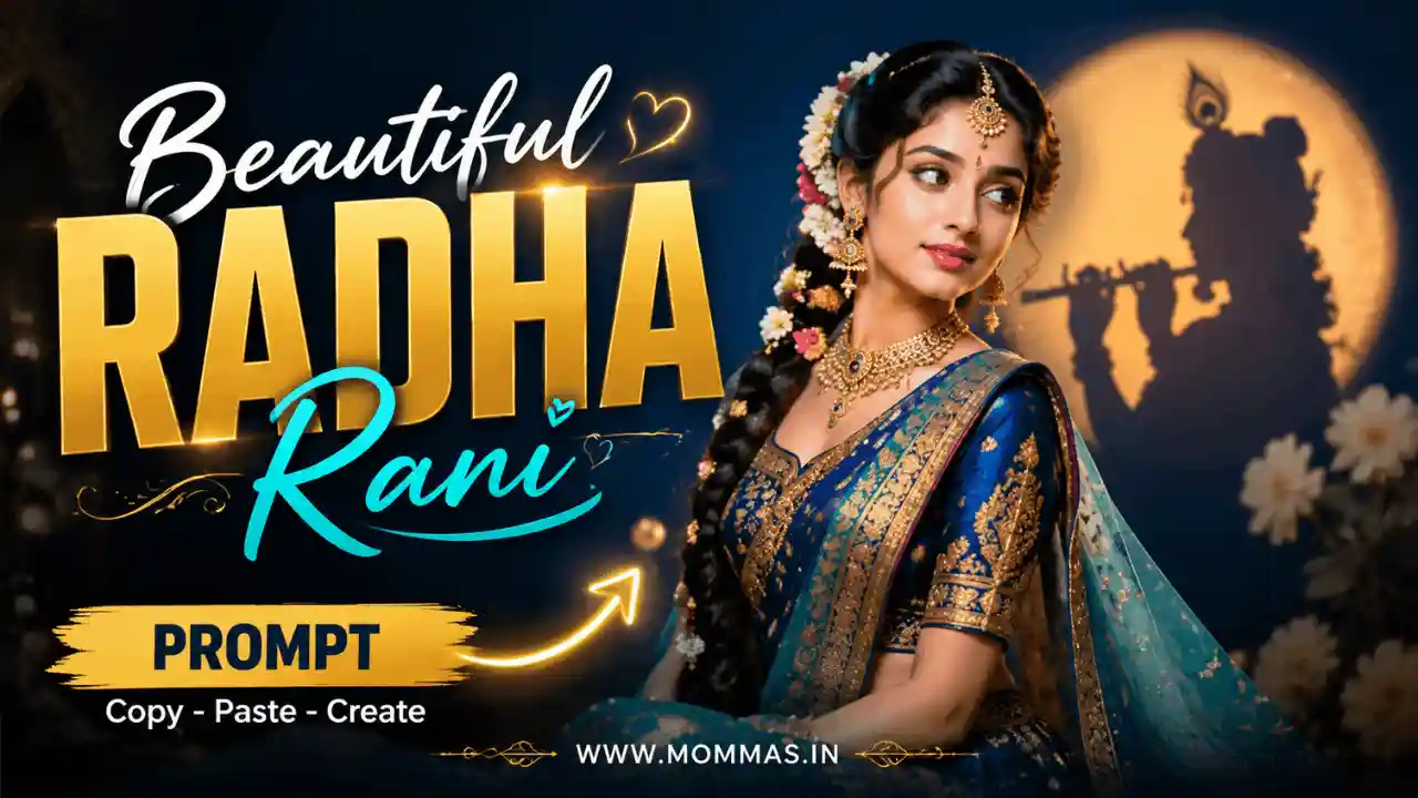 radha rani prompt for gemini featured image.webp Radha Rani style Indian girl portrait in blue and teal lehenga saree with Krishna silhouette shadow