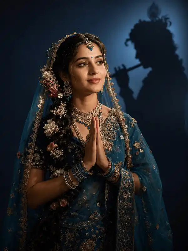 radha rani prompt for gemini namaste portrait.webp Radha Rani style namaste portrait with blue teal lehenga saree and Krishna shadow