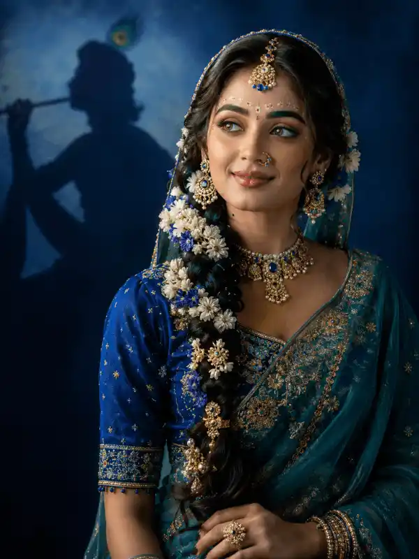 radha rani prompt for gemini royal close up.webp Royal close-up Radha Rani portrait in blue teal lehenga saree