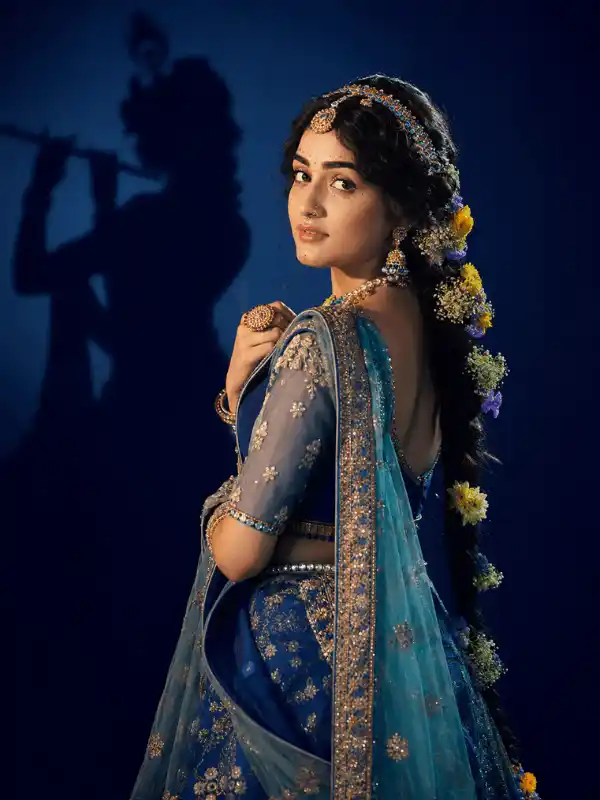 radha rani prompt for gemini three quarter portrait.webp Three-quarter Radha Rani style portrait with blue teal lehenga and Krishna shadow