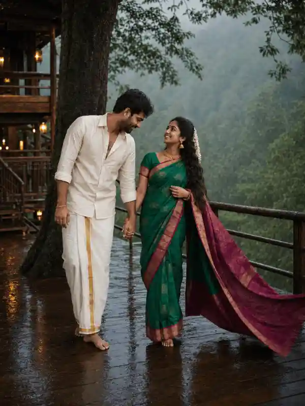 Romantic couple AI prompt Indian with a cinematic dip pose on a Kerala treehouse deck