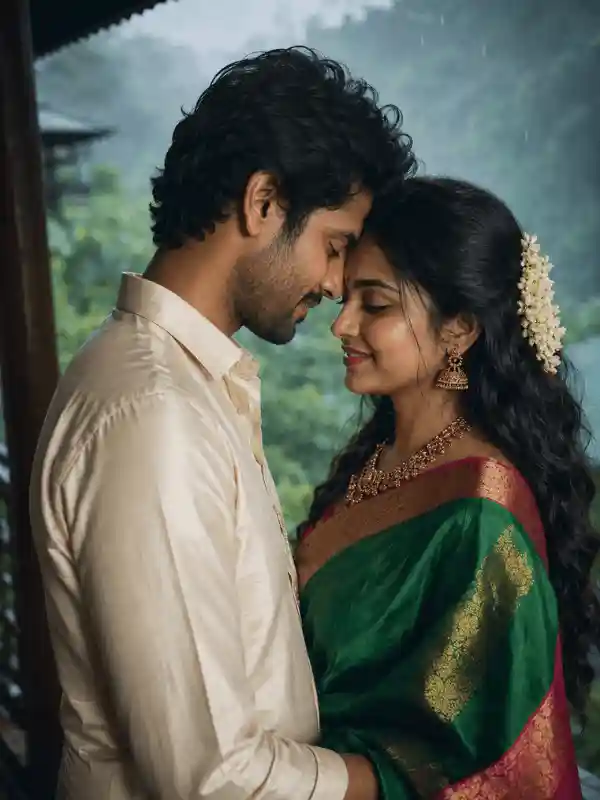 Romantic couple AI prompt Indian close-up with a forehead touch pose