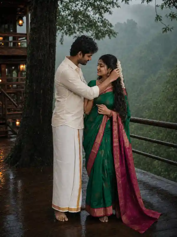 Romantic couple AI prompt Indian showing a jasmine flower adjustment moment