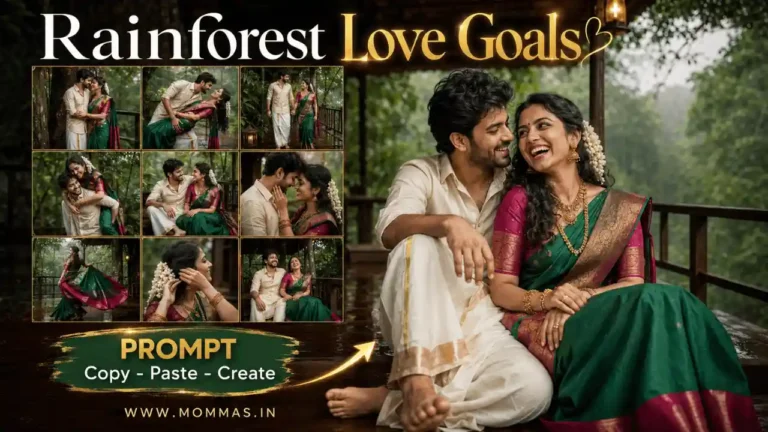 Romantic couple AI prompt Indian collage featuring a Kerala rainforest pre-wedding shoot