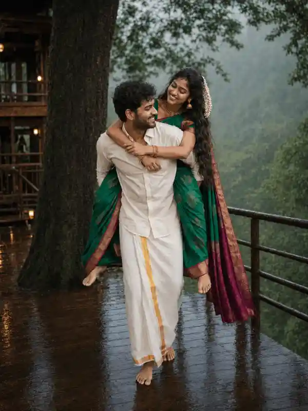 Romantic couple AI prompt Indian showing a playful piggyback pose in Kerala