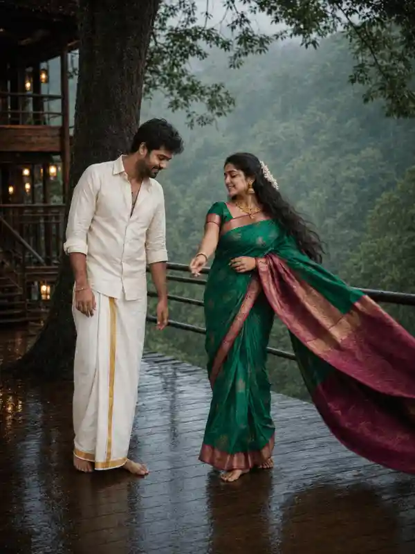 Romantic couple AI prompt Indian with a graceful saree twirl in a Kerala setting