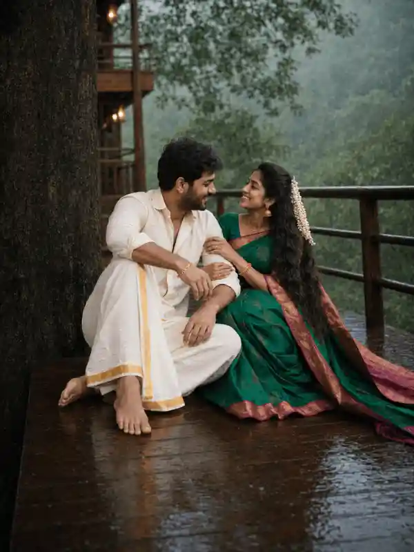 Romantic couple AI prompt Indian showing a candid seated couple portrait