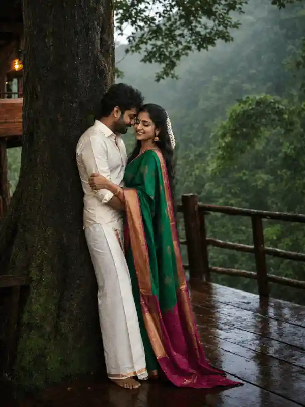 Romantic couple AI prompt Indian with a South Indian couple embracing beside a giant tree