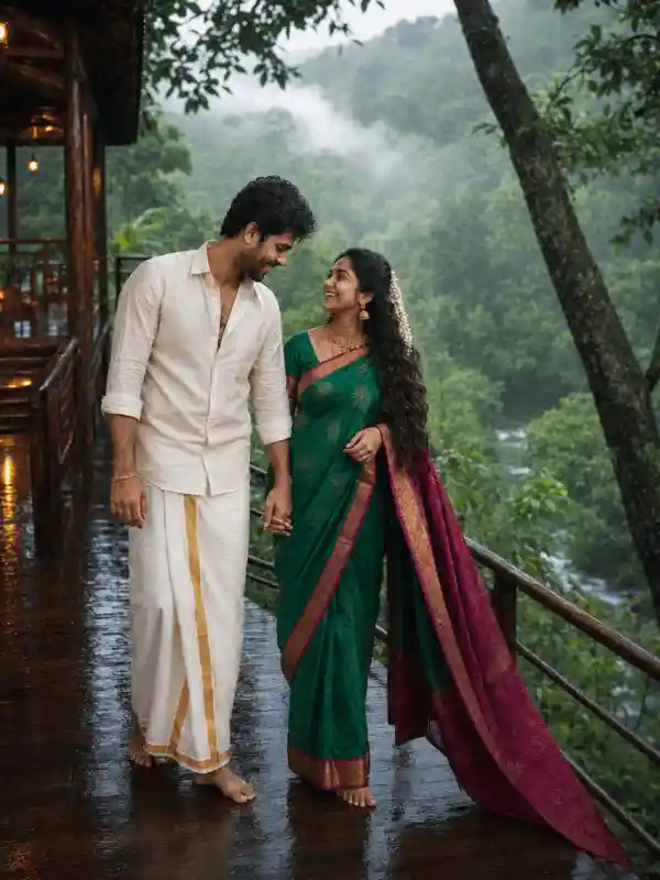 Romantic couple AI prompt Indian showing a couple walking together in a Kerala rainforest